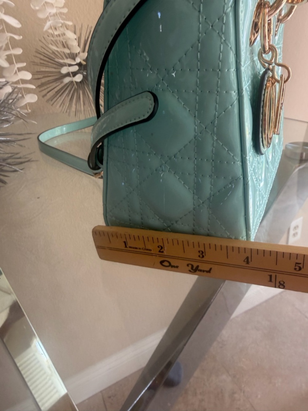 Aqua Patent Leather Quilted Top-Handle Bag with Gold Hardware - Picture 9 of 9
